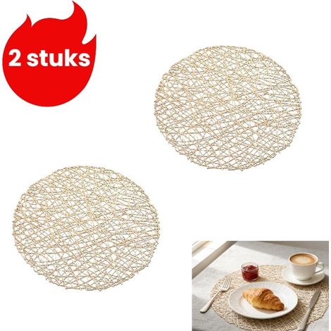 Juego de 2 piezas: mantel individual con textura tejida, mantel individual decorativo, posavasos, color dorado (1/5)