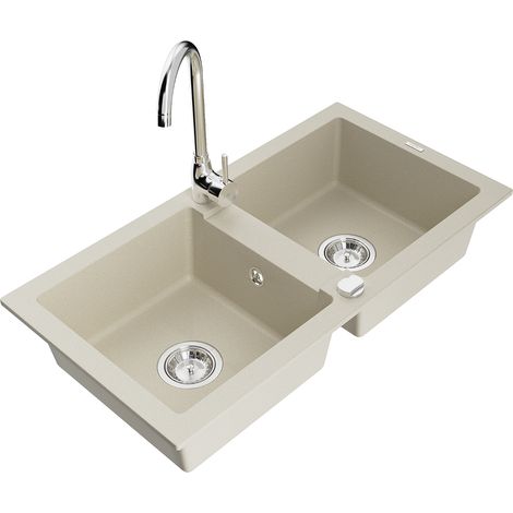 Mexen Mario lavello da cucina in granito a 2 vasche con rubinetto Telma, beige - 6504-69-670200-00 (1/5)