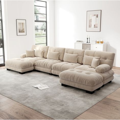Canapé modulaire 4 places café clair en chenille avec ottomans mobiles (1/5)
