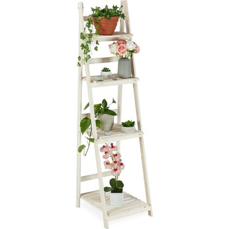 Relaxdays Estantería Plantas para Interior y Balcón, Soporte Flores, Escalera Plegable, Madera, 160x41x50 cm, Blanco (1/5)