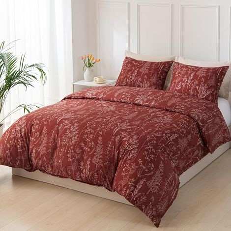 Housse de Couette 220x240 avec 2 Taies d'oreiller 65x65 cm - Motifs Floraux Dessinés à la Main - Parure de lit 220x240 Adulte - 100% Microfibre Parure Couette Fermetures éclair, Rouge Foncé (1/5)