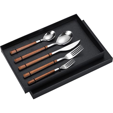 Ensemble de couverts en acier inoxydable haute dureté, couteaux, fourchettes, cuillères, manches en bois. (1/5)