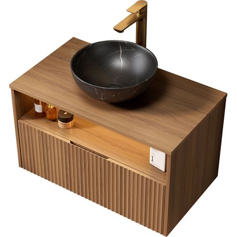 Meuble vasque flottant 80 cm pour salle de bain, avec vasque bol noire en céramique à motif pierre, meuble rayé en contreplaqué avec tiroir et étagère, lampe à capteur, préassemblé, grain de bois chên