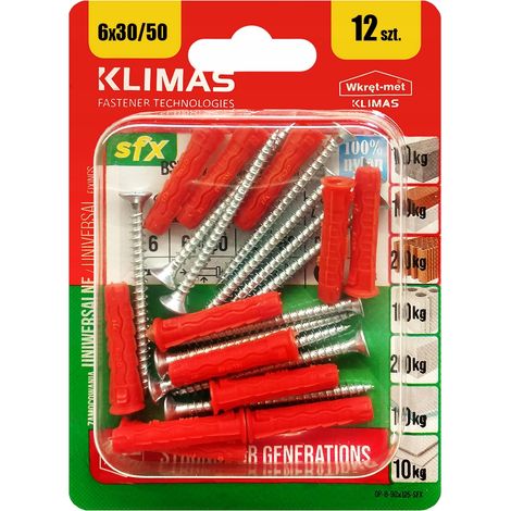 Chevilles Universelles Klimas 6 x 50 Avec Tete Fraisee PZ2, Blister De 12