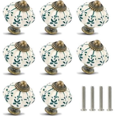 Lot de 12 boutons céramique vintage en forme de citrouille, couleur ivoire et vert, poignées rétro pour tiroirs, armoires et commodes – accessoires de bricolage et décoration intérieure (1/4)