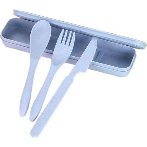 Set de couverts moderne en paille de blé, fourchette cuillère couteau, portable avec boîte, pour bureau école pique-nique, bleu (1/5)