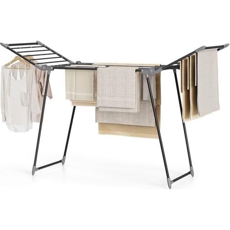 Étendoir à Linge Intérieur Pliable - Séchoir à Linge Intérieur sur Pied Pliable, Etendoir Linge Solide et Inoxydable - 175 x 105 x 60 cm - pour vêtements, Serviettes et draps,Noir (1/5)