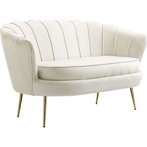 Canapé 2 places en tissu velours, petit canapé, en forme de coquillage, avec coussin épais de 10 cm, canapé, structure en métal, pieds dorés effilés, facile à assembler, crème (1/5)
