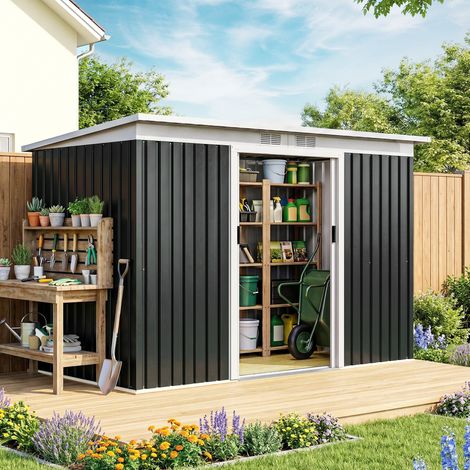 Caseta de Exterior 280x130x172 cm Cobertizo de Jardín con Puertas Correderas Base y Ventilaciones Gris Oscuro (1/5)