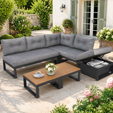 Salotto da giardino angolare con contenitore, schienale regolabile 3 posizioni grigio DESVIAE (1/5)