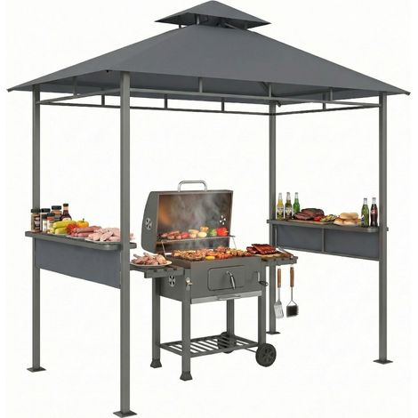 Grillpavillon 2,4 x 1,4 m, Windfest Grillüberdachung mit Doppeldach Lüftungsöffnung Seitenregalen (1/5)