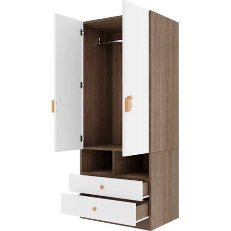 Armario ropero 70 x 50 x 170 cm con 2 cajones y compartimentos, color madera natural y blanco (1/5)