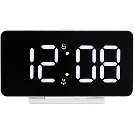 Réveil numérique, grand écran LED, double alarme, luminosité réglable, chargement USB, finition miroir noir. (1/5)