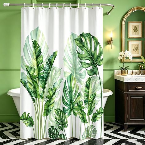 Rideau de douche 200x200 cm, motif feuilles vertes, ourlet lesté, anti-moisissure, imperméable, lavable, tissu polyester, pour salle de bain, baignoire (1/5)