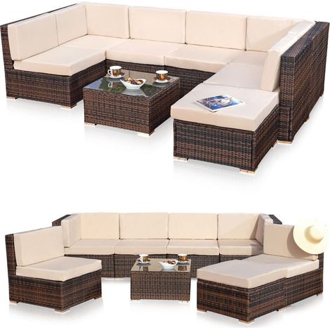Melko Garten Ecksofa Polyrattanlounge Sitzgarnitur Gartenlounge mit Kissen, Verbindungsclips und Schraub-Ausgleich-Standfüße