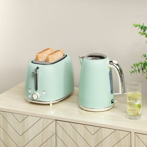 Juego de hervidor y tostadora, hervidor de acero inoxidable de 1,7 L (2200 W) y tostadora de 2 rebanadas, color verde.