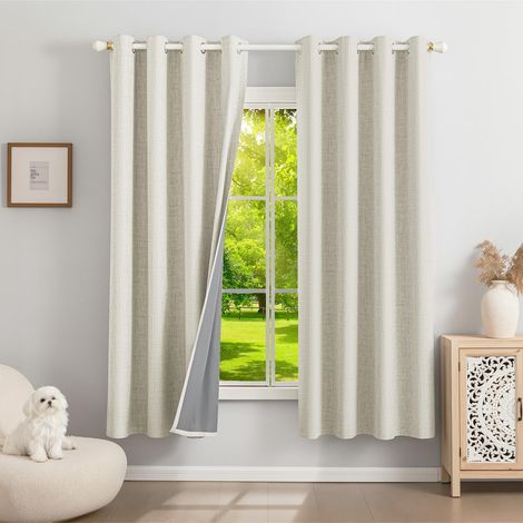 100% Thermal Insulated Blackout Curtain, 140 x 175 cm, Set of 2 Linen Opaque Window Curtains with Eyelets Light Beige Anti Cold UV Noise for Interiors Decoration Dressing Living Room Bedroom (1/5)