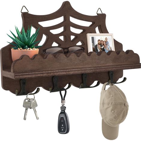 Porte-clés mural en bois avec 9 crochets à clés, étagère à clés avec étagère pour courrier, téléphone, petite décoration, idéal pour entrée, bureau et couloir (1/4)