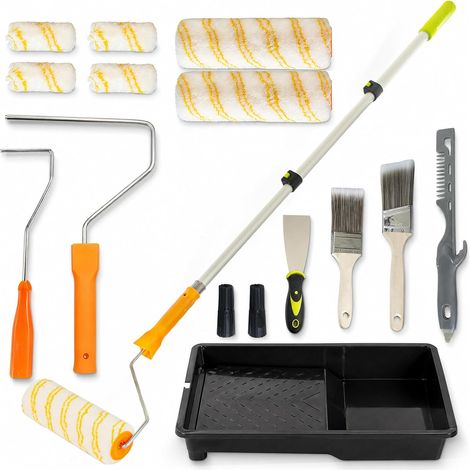 Set mit 15 Farbrollern mit 22,9 cm langen Verlängerungsgriffen, Pinseln und Farbwannen für Wände, Decken, Heimwerkerarbeiten, Malerarbeiten und Innenausbau