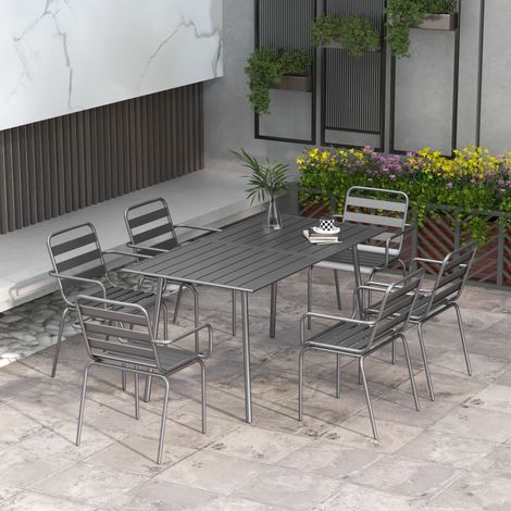 7-teiliges Garten-Essset mit 1 Tisch und 6 stapelbaren Stühlen aus dunkelgrauem Stahl (1/5)