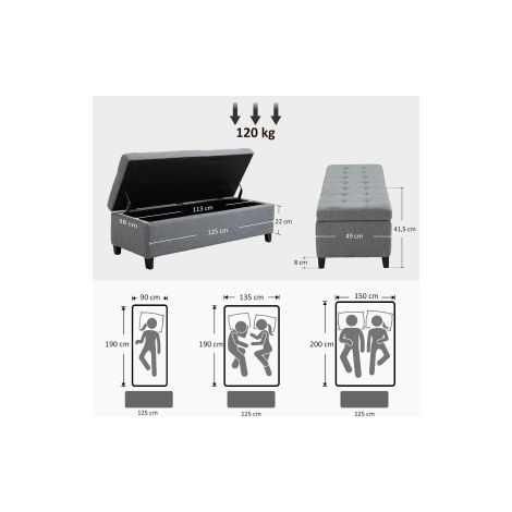 Banc coffre gris en tissu effet lin avec assise rembourrée, couvercle relevable et rangement intérieur pour salon et chambre (1/5)