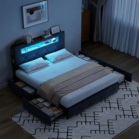 Lit avec tiroirs 160x200 cm，lit double adulte avec tête de lit de rangement，sommier à lattes，led rgb et station de charge (usb/c)，velours et métal，gris (1/5)