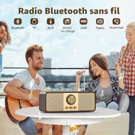 Radio Vintage, Radios Rétro avec Bluetooth et Carte TF, Alimentation par Batterie 3000mAH, avec 2 Woofers de 8 Watts, Radios Rétro avec AUX/USB, Radio Cuisine/Chambre/Bureau (1/4)