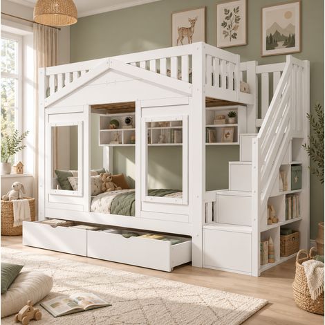 Cama infantil elevada 90 x 200 cm con barrera y escalera con almacenaje blanca DESVIAE (1/5)
