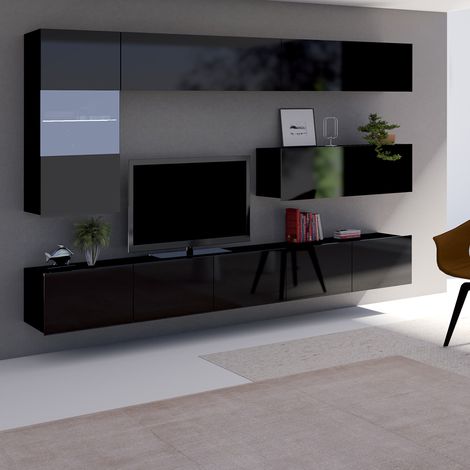 TV-Wohnwand mit LED Beleuchtung in schwarz Hochglanz CAIRNS-132, B/H/T ca. 255/200/43 cm (1/5)