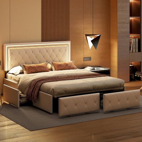 Cama doble de 160x200cm – Cama con cajones – Beige moderno – Estructura tapizada – Cabecero tapizado – Iluminación LED – Base de láminas (1/4)