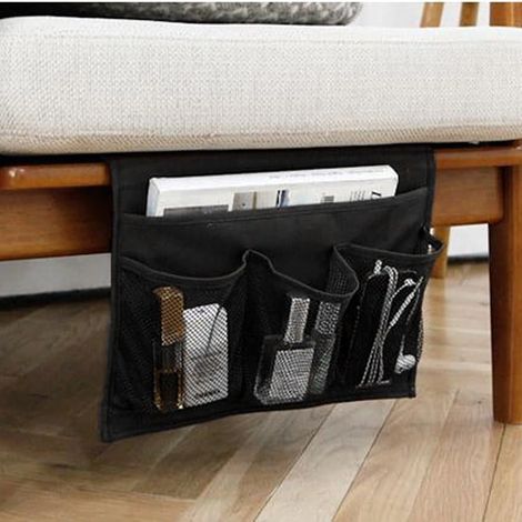 Sac de chevet noir à 4 compartiments - pour lit ou canapé - Sac de rangement suspendu - Porte-livres, téléphone, lunettes, télécommande (1/4)