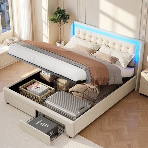 Struttura letto contenitore 140x190 Velluto beige - LED RGB - Idraulico - 2 cassetti - Rete inclusa