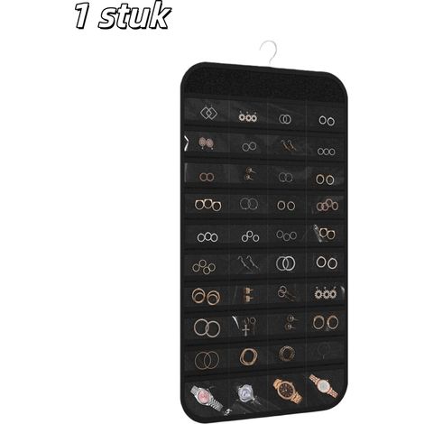 Organisateur de bijoux suspendu double face avec 80 compartiments pour ranger boucles d'oreilles, colliers, bracelets et bagues, couleur noire (1/5)