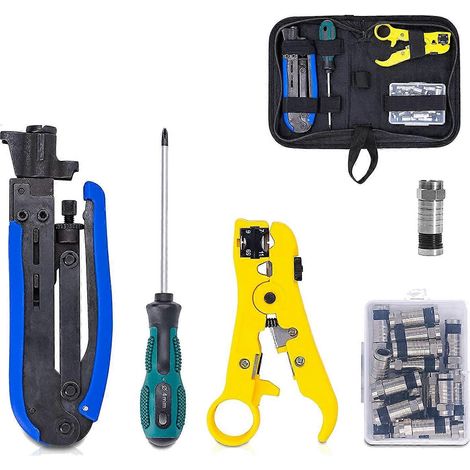 Kit d'outils de sertissage pour câbles coaxiaux, comprenant une pince à sertir pour câbles coaxiaux et une pince à sertir RG6, ainsi que 20 connecteurs à compression de type F. (1/5)