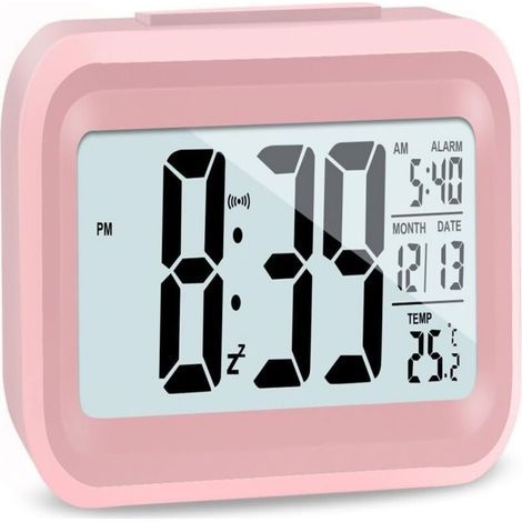 Digital alarm clock for bedroom, with LCD screen, snooze function, 12/24 hour format, battery operated, for adults, office, travel, study (pink) (1/5)