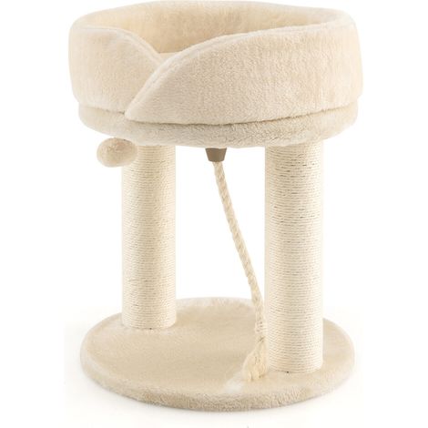 Arbre à chat beige en sisal avec perchoir moelleux, poteaux à griffer et jouets suspendus pour salon, chambre et appartement (1/5)