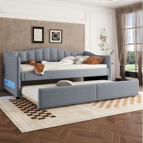 MEUBLIV Lit 90x200 cm gris – lit gigogne et LED, tête de lit, sans matelas (1/5)