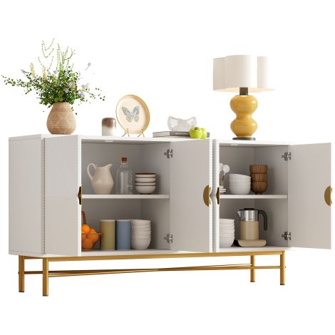 Vaisselier buffet blanc à 4 portes à motif rainuré avec pieds en métal doré dimensions 160×38,5×82cm, meuble de rangement pour vaisselle salon et salle à manger (1/5)