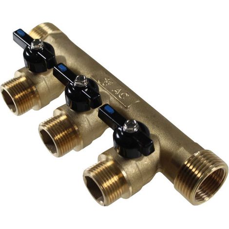 Arcanaute – Collecteur 1" 3 départs mâle 3/4" – Raccordement Mâle 26/34 et Femelle 20/27 – Étanchéité PTFE – Pour installations sanitaires