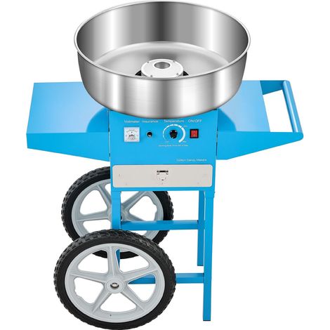 Machine à barbe à papa électrique 1000W, bol inox 52cm, avec chariot et tiroir, cuillère à sucre incluse, facile à utiliser, pour fêtes et anniversaires, bleu. (1/5)