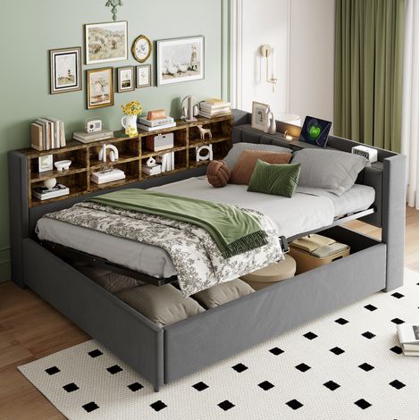 Divano letto 214.5x150.5x81 cm, testiera con luce notturna e porte USB e Type-C, contenitore idraulico, velluto grigio (1/5)