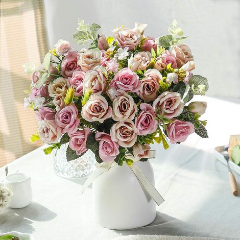 Rose Artificielle en Soie avec Vase - Bouquet de Fleurs artificielles pour Mariage, Maison, Bureau, fête, décoration de Table (Violet) (1/5)