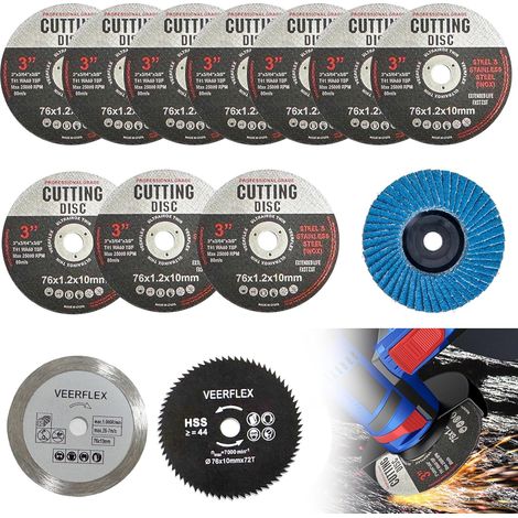 Juego de 13 discos de corte de 76 mm para amoladoras angulares - Para orificio de 10 mm - 4 tipos de discos abrasivos para cortar metal, plástico y madera (1/5)