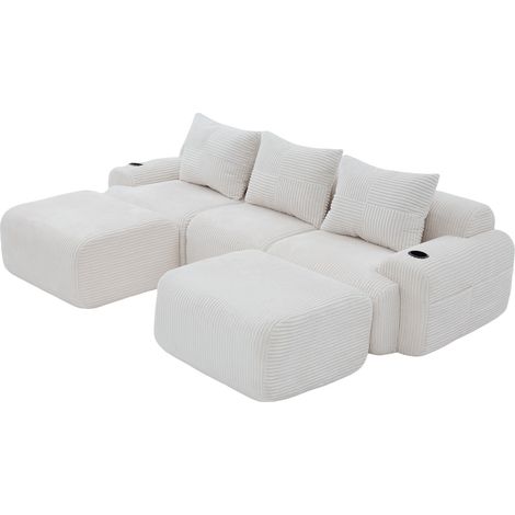 Canapé modulaire en velours côtelé pour 3 personnes (avec 2 poufs), modulable à volonté, avec porte-gobelet et poche de rangement latérale, idéal pour le salon, la salle familiale et d'autres pièces,  (1/5)