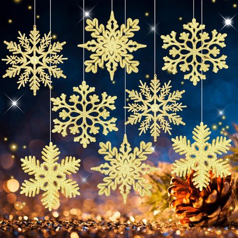 Lot de 40 Ornements de Flocon de Neige en Or de Noël 4 Pouces Ornements de Flocon de Neige à Paillettes en Plastique Doré pour Décorations d'arbre de Noël Fournitures (1/5)