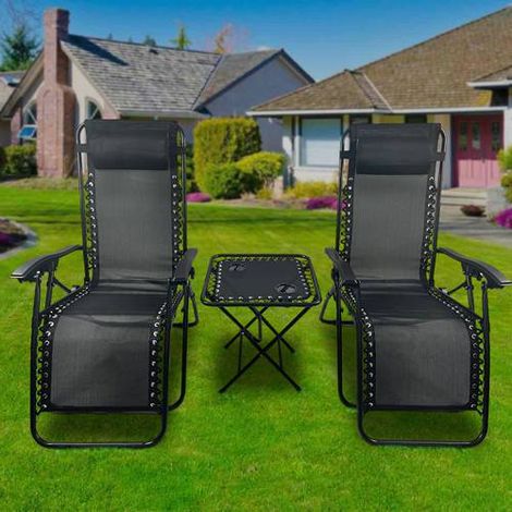 BIRCHTREE Sun Recliner Chairs and Table Set of 3 ZERO GRAVITY Cup Drink Holder Foldable Black (1/5)