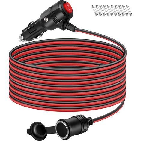 4M Rallonge Allume Cigare, 12V-24V Voiture Étanche Prise de Voiture, KFZ Câble d'extension Allume-Cigare, Câble de Chargeur Poussière 16 AWG avec 10 Fusibles 15 A pour Camion Moto Bateau (1/5)