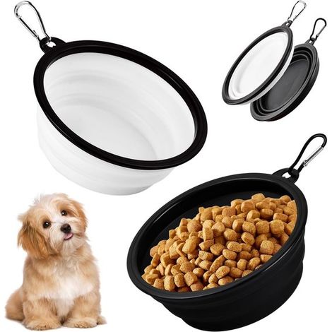 Set mit 2 faltbaren Futternäpfen (groß, 1000 ml) mit Karabinerhaken – Geräumige Reisenäpfe für Hunde, wasser- und futterfest, schwarz-weiß (1/5)