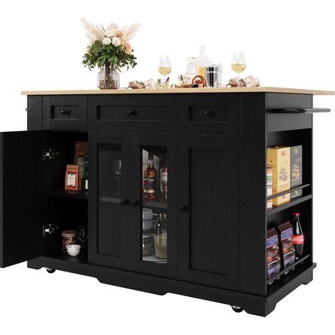 Îlot de cuisine extensible de 138 à 204 cm, table bar pivotante à 360°, meuble de rangement noir en MDF avec 2 tiroirs (1/5)