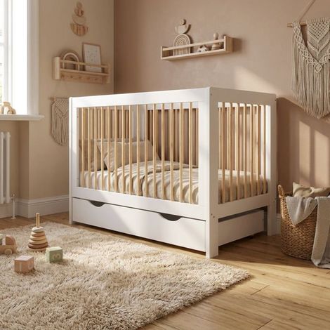 Lit Bebe Evolutif avec tiroir en Bois Pin Blanc 120x60cm, Transformable en Un Canapé-lit avec Une Barrière de Sécurité (1/5)